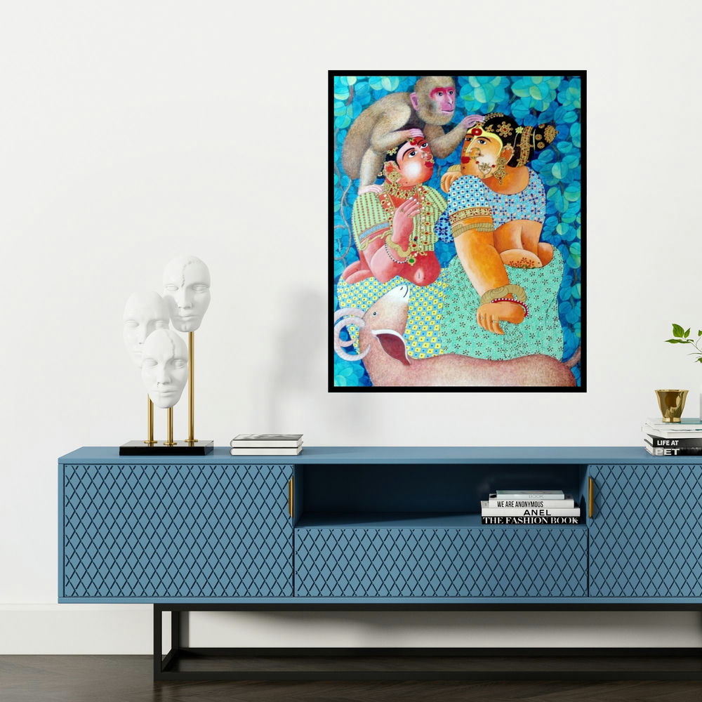 'Couple Monkey And Goat 2' painting by Bhawandla Narahari shown on a wall in a furnished room.
