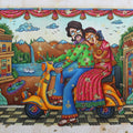 Couple On Scooter' figurative mixed-media painting by artist Dhimant Vyas, 28x48 inch, on canvas