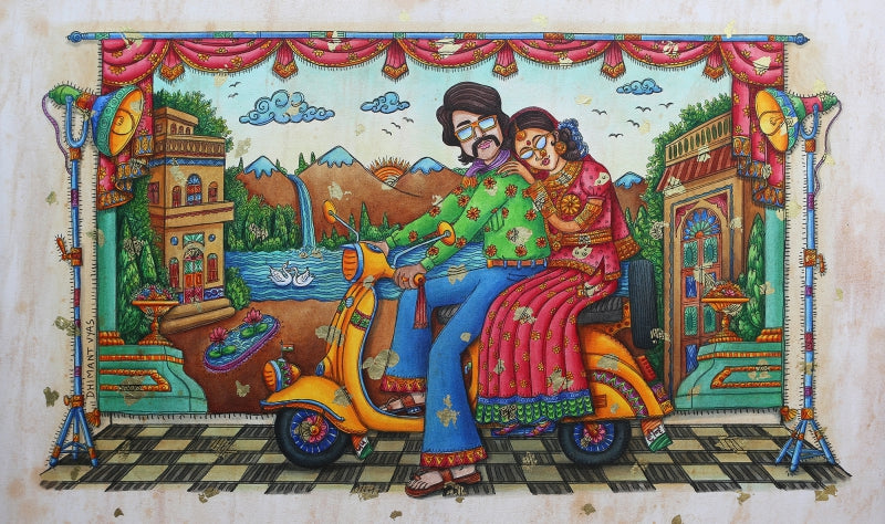 Couple On Scooter' figurative mixed-media painting by artist Dhimant Vyas, 28x48 inch, on canvas