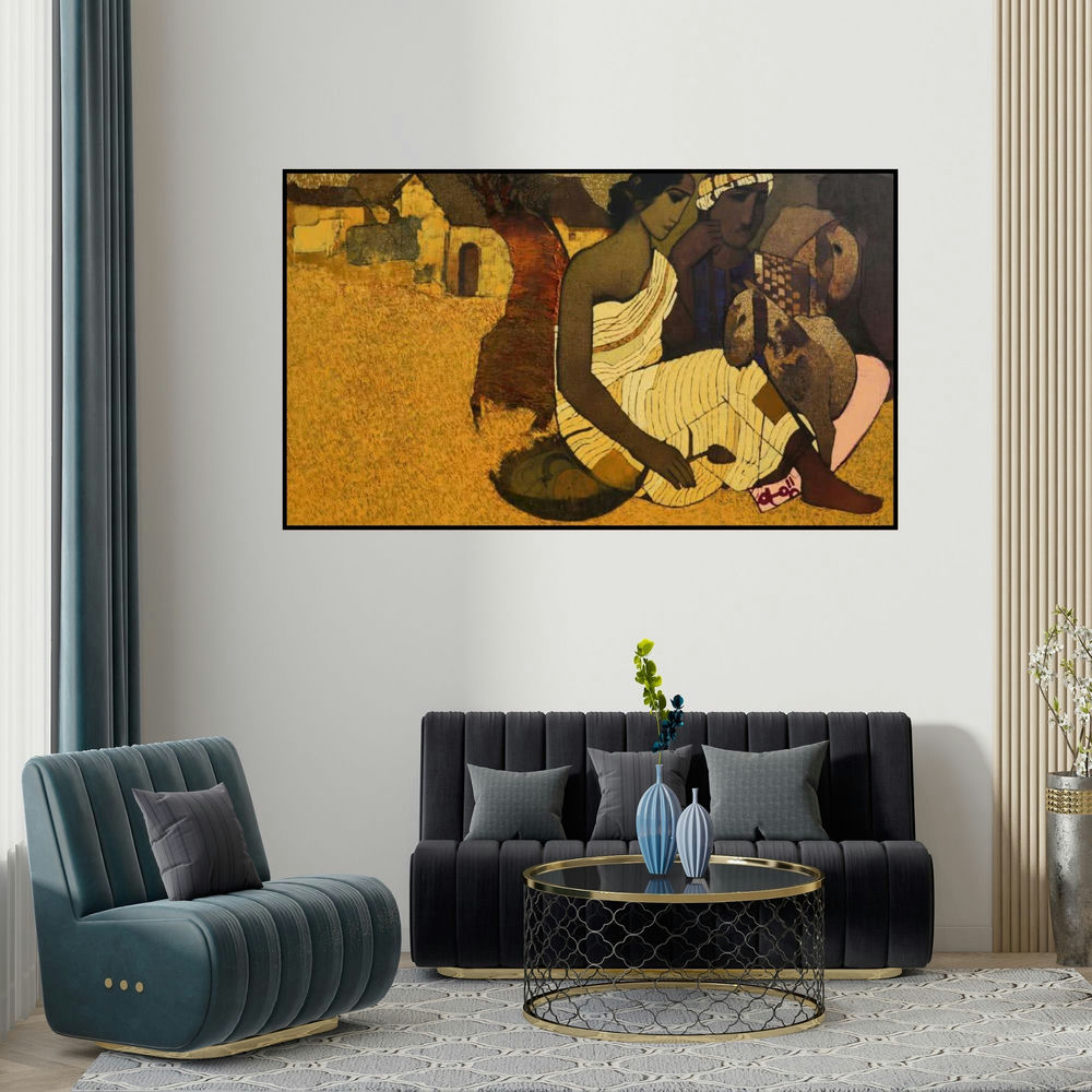 Siddharth Shingade's 'Couple Under The Tree I' painting visualized above a sofa in a contemporary room.