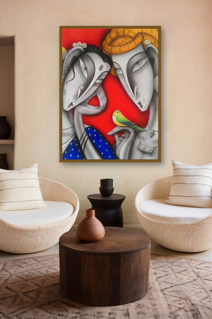 Couple With A Bird I (Shared Secrets) by artist Ramesh Pachpande displayed in a Contemporary gallery