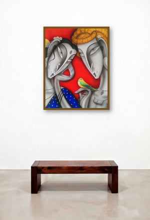 Couple With A Bird I (Shared Secrets) by artist Ramesh Pachpande displayed in a Contemporary Luxury Living Room