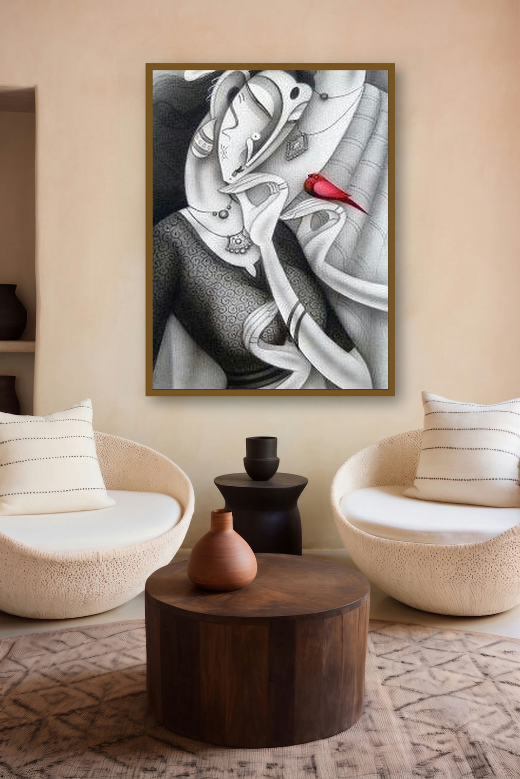 Couple With A Bird Ii (A Crimson Messenger) by artist Ramesh Pachpande displayed in a Luxury gallery