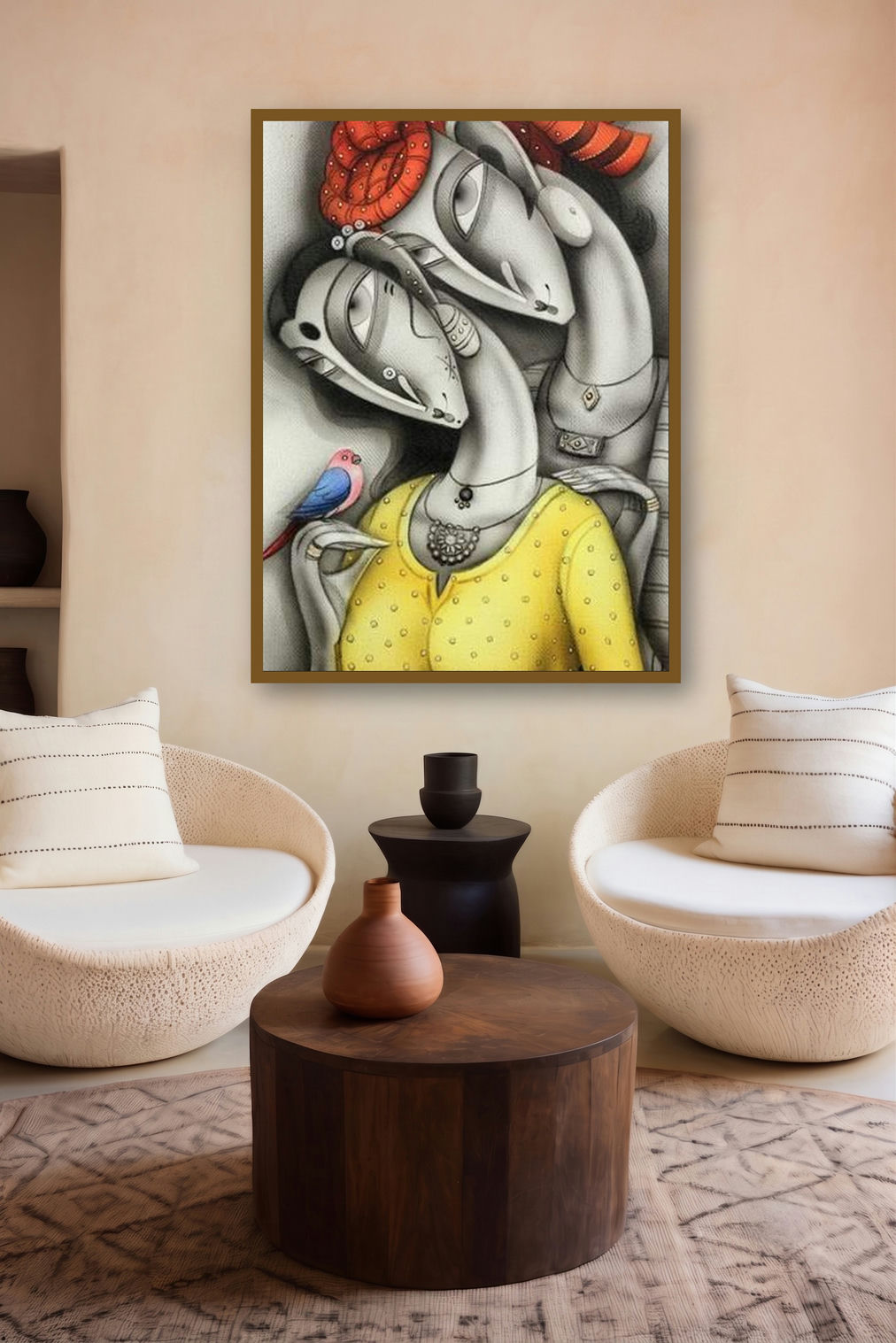 Couple With Orange Turban (A Moment of Serenity) by artist Ramesh Pachpande displayed in a Modern gallery