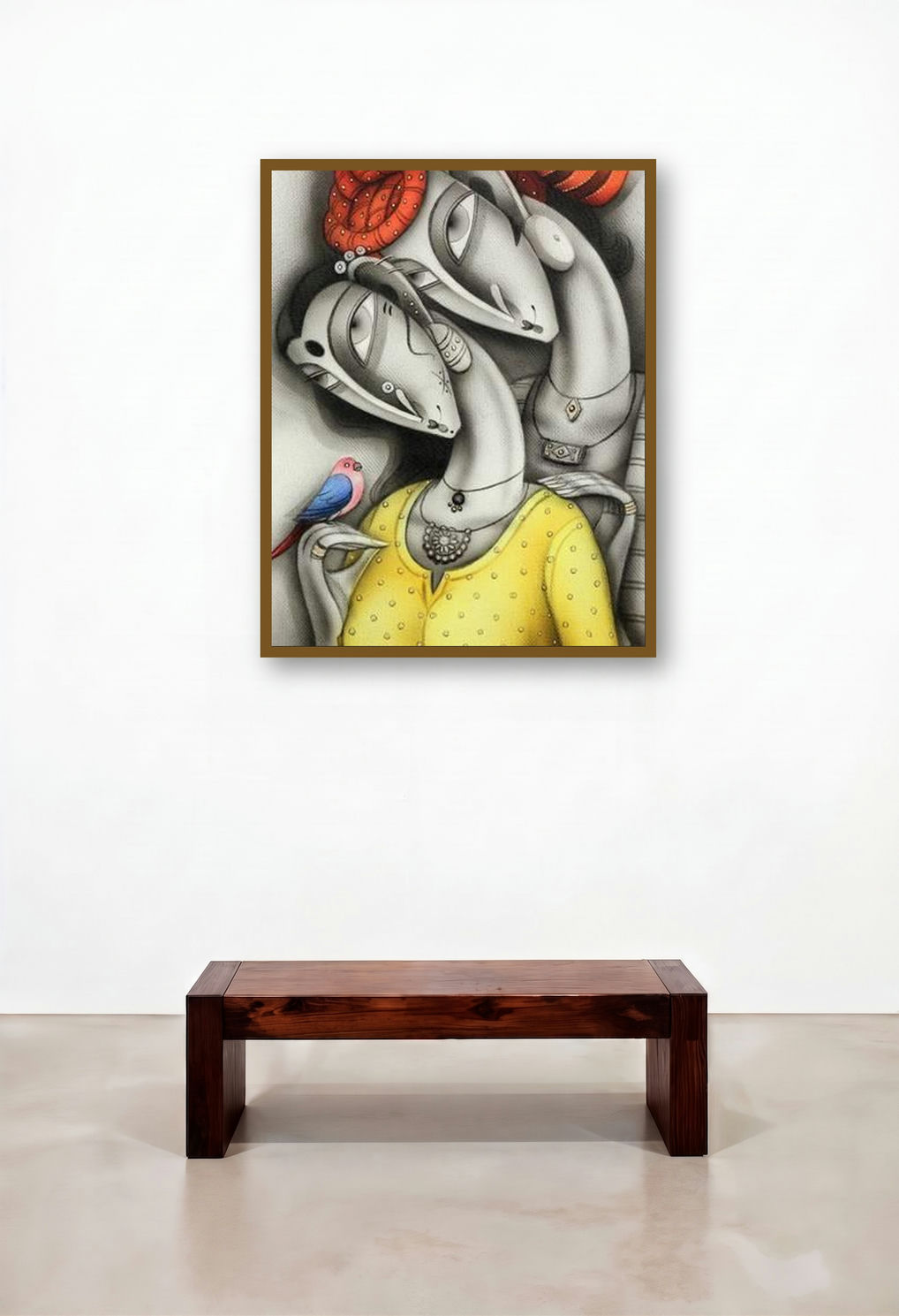 Couple With Orange Turban (A Moment of Serenity) by artist Ramesh Pachpande displayed in a Coastal Library