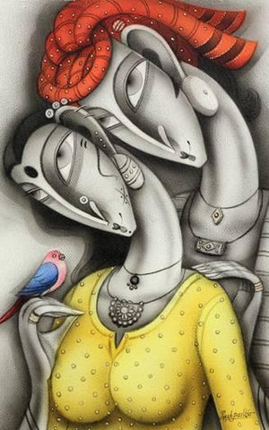 Couple With Orange Turban (A Moment of Serenity) by Ramesh Pachpande, Original Mixed Media Figurative Painting on Canvas, Small Vertical Wall Art