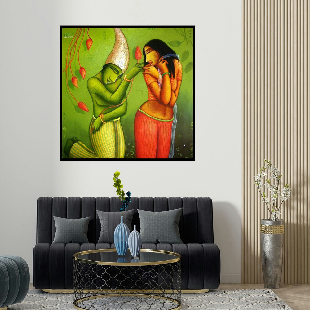 Samir Sarkar's 'Courtship' painting visualized above a sofa in a contemporary room.