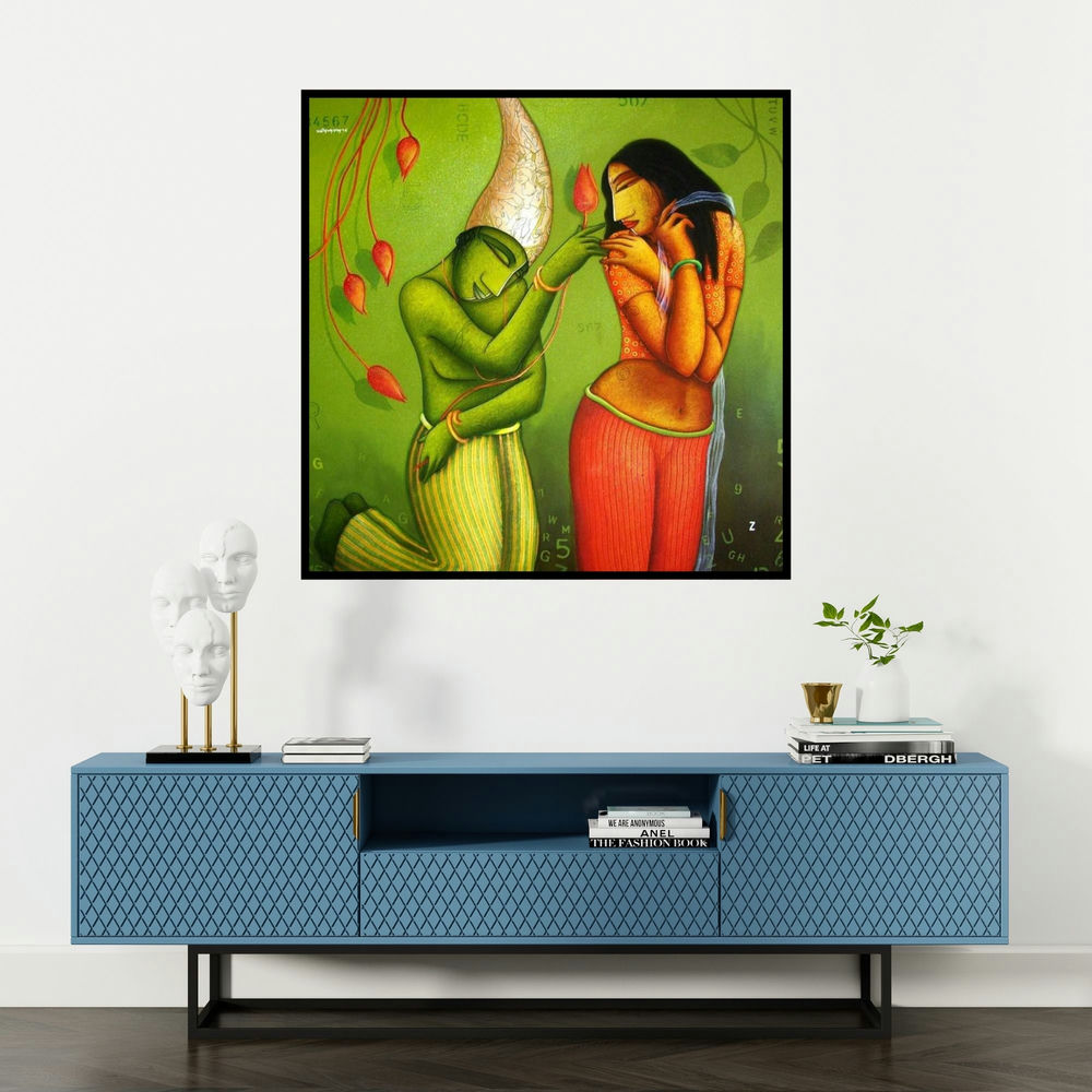 'Courtship' painting by Samir Sarkar shown on a wall in a furnished room.