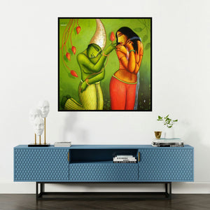 'Courtship' painting by Samir Sarkar shown on a wall in a furnished room.