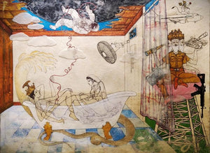 contemporary mixed media painting titled 'Covid 19 Quarantine', 22x30 inches, by artist Dasarath Das on Acid Free Paper