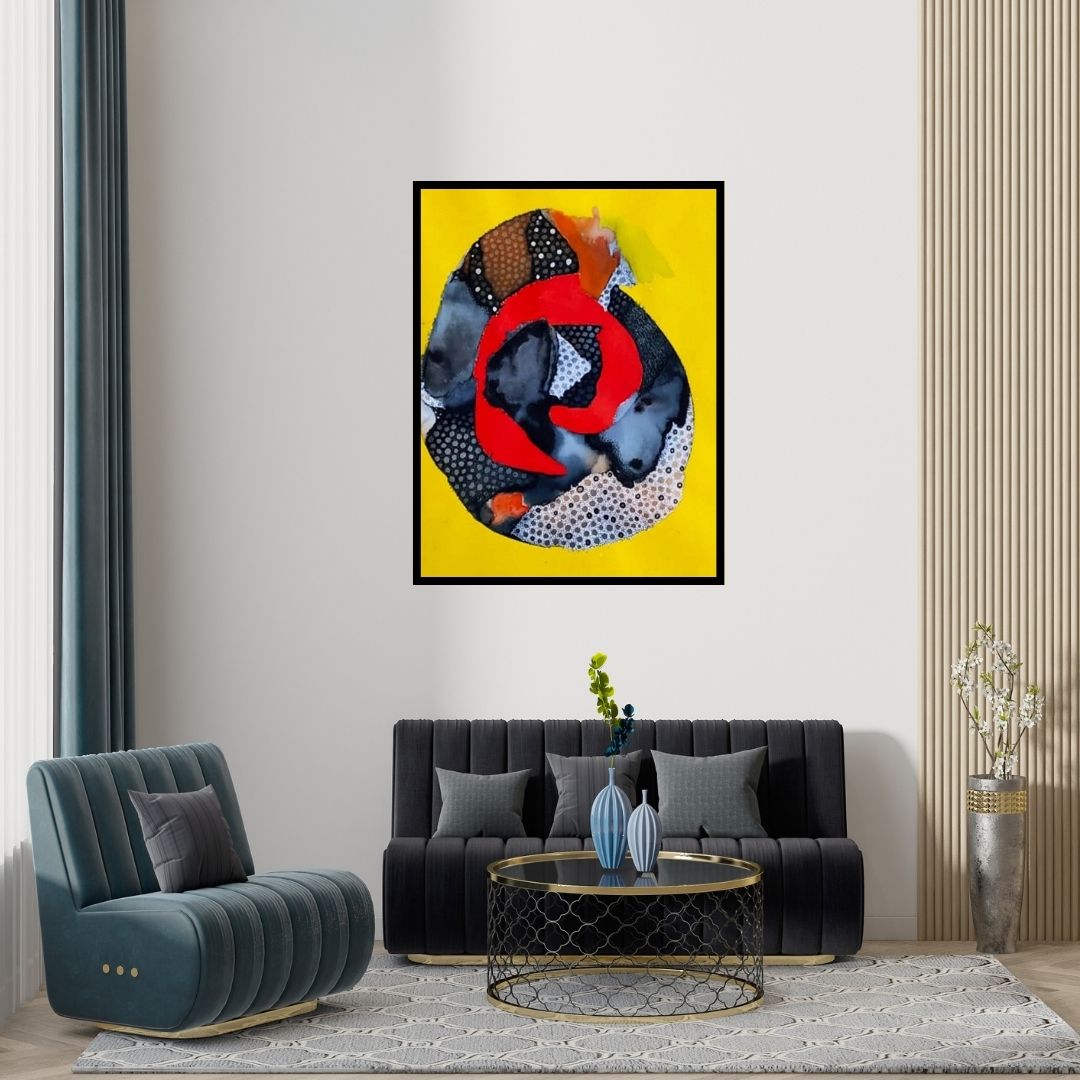 Preview of 'Covid 19 World (Unfurling)' Painting by Huma Khan shown on a wall in a furnished room.