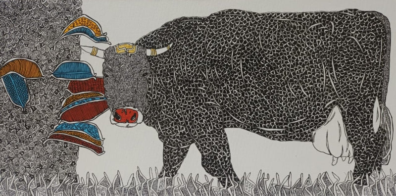Cow' animals pen drawing by artist Rama Krishna V, 12x24 inch, on canvas board
