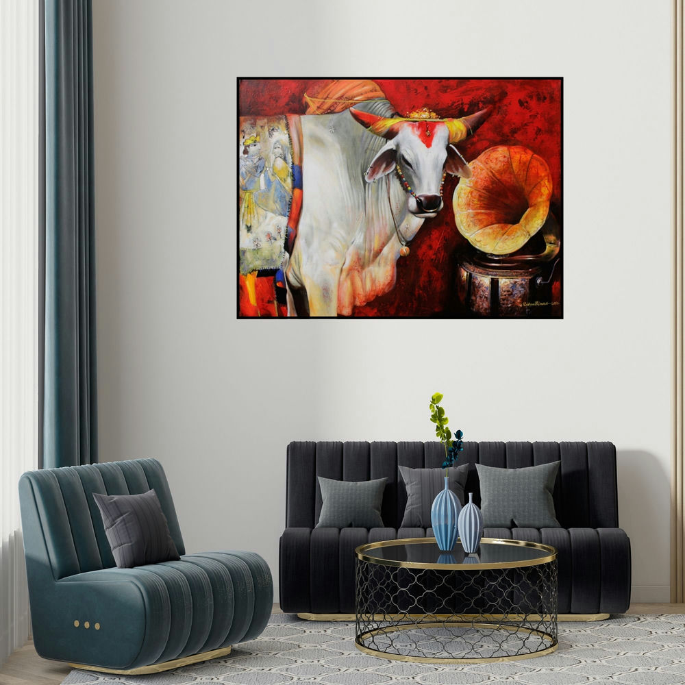 Jiban Biswas's 'Cow 3 (Listening to Devotion)' painting visualized above a sofa in a contemporary room.