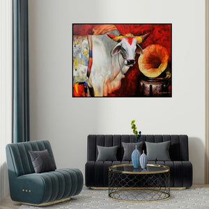 Jiban Biswas's 'Cow 3 (Listening to Devotion)' painting visualized above a sofa in a contemporary room.