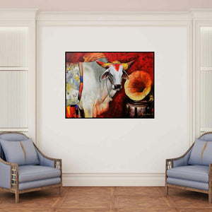 'Cow 3 (Listening to Devotion)' painting by Jiban Biswas shown on a wall in a furnished room.