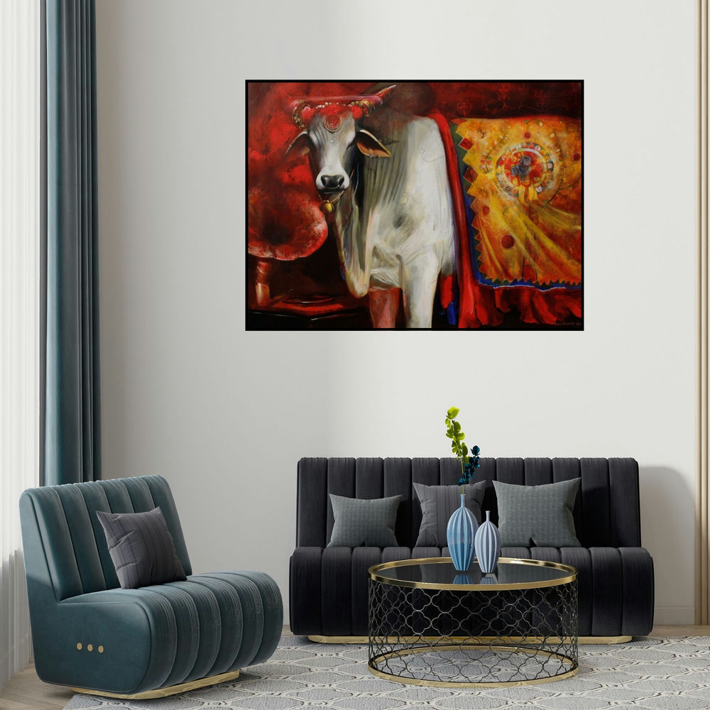 Jiban Biswas's 'Cow 4 (Sacred Adornments)' painting visualized above a sofa in a contemporary room.