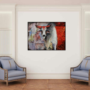 'Cow 5 (The Listening Bull)' painting by Jiban Biswas shown on a wall in a furnished room.