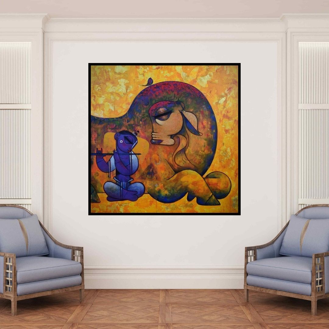 In-situ view of Ramesh Gujar's 'Cow And Krishna (Divine Harmony)' painting in a room