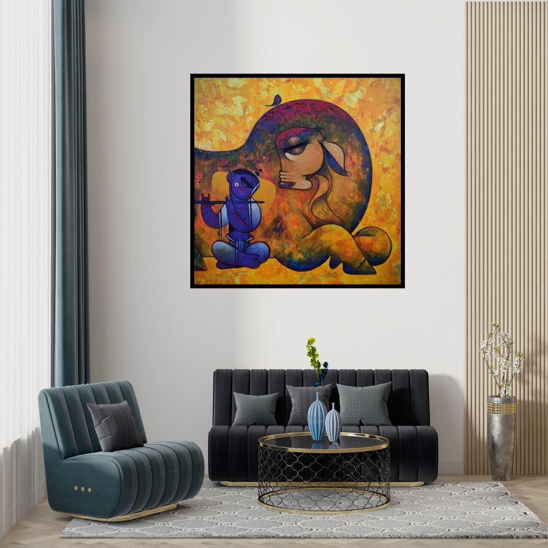 Preview of 'Cow And Krishna (Divine Harmony)' Painting by Ramesh Gujar shown on a wall in a furnished room.