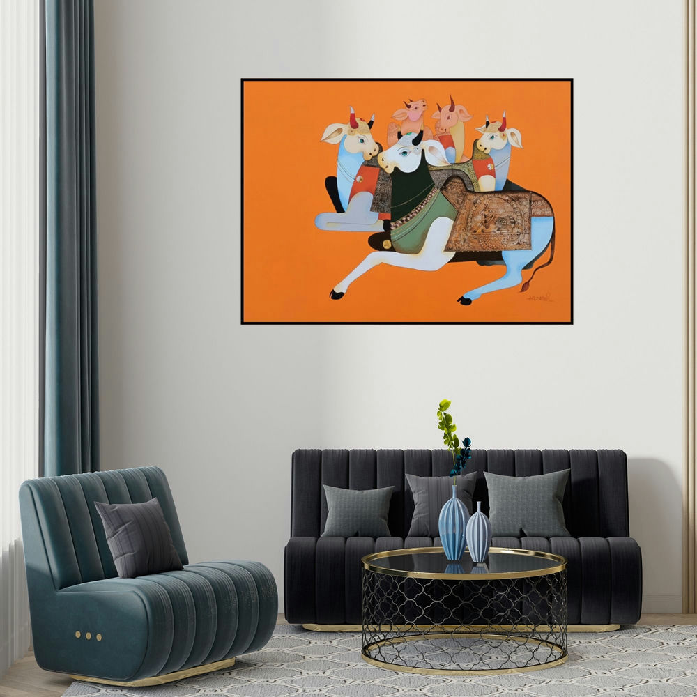 Ag Nellagi's 'Cow Family (A Bovine Family)' painting visualized above a sofa in a contemporary room.