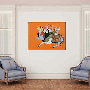 'Cow Family (A Bovine Family)' painting by Ag Nellagi shown on a wall in a furnished room.