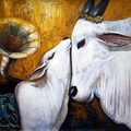 Cow With Gramophone' animals acrylic painting by artist Jjiban Biswas, 30x36 inch, on canvas