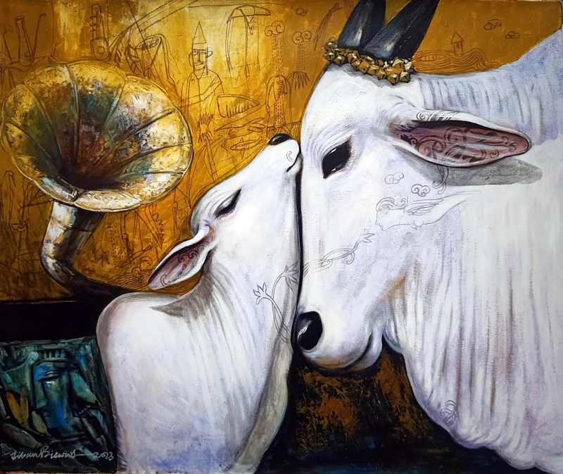 Cow With Gramophone' animals acrylic painting by artist Jjiban Biswas, 30x36 inch, on canvas