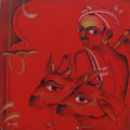 Figurative acrylic painting titled 'Cow Keeper', 24x24 inches, by artist KV Kale on Canvas