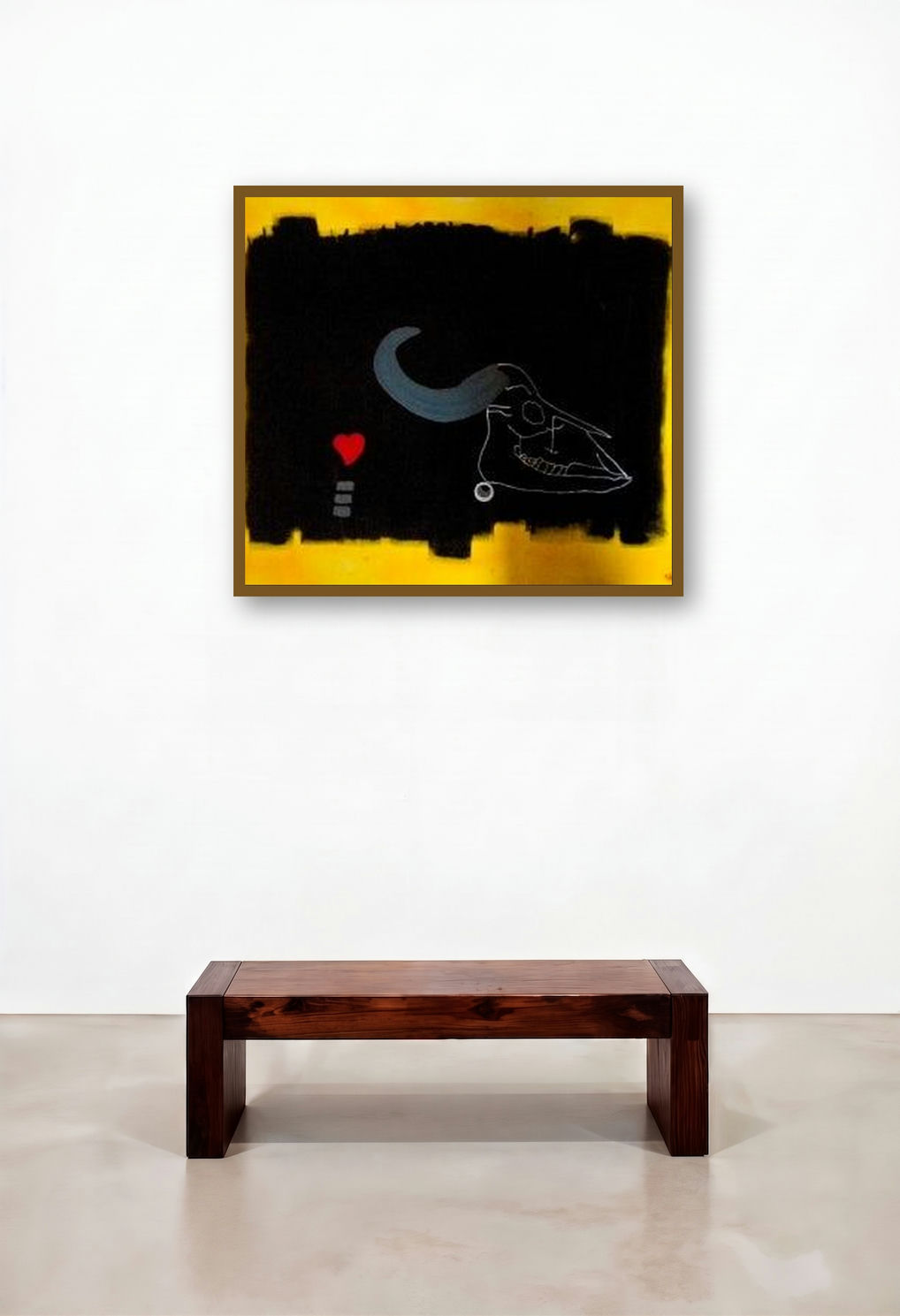 Cow Skull And Red Heart by artist Abba displayed in a Luxury Hotel Lobby