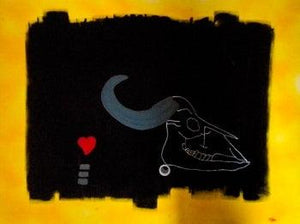 Cow Skull And Red Heart by Abba, Original Acrylic Animal Painting on Cardboard, X-Large Horizontal Wall Art