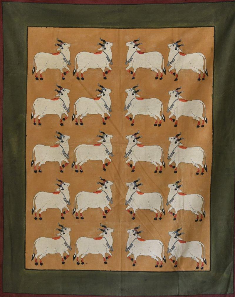 Folk Art tribal painting titled 'Cows 2 Pichwai Art', 44x54 inches, by artist Artisan on Cloth