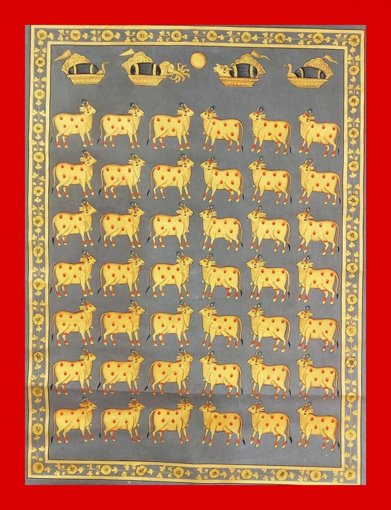 Animals pichwai traditional art titled 'Cows In Gray And Gold 1', 36x24 inches, by artist Unknown on Cloth