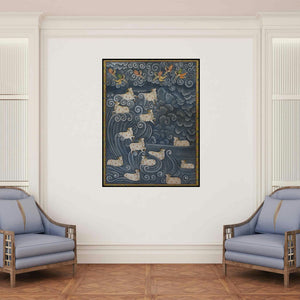 'Cows Pichwai (The Descent of Kamadhenu)' painting by Pushkar Lohar Pichwai shown on a wall in a furnished room.