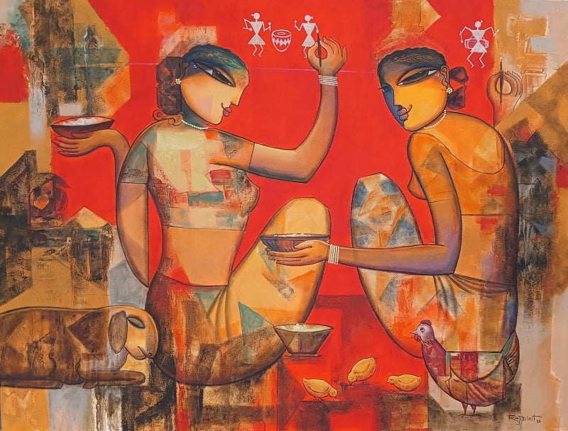 Creaters 1' figurative acrylic painting by artist Rajendra Dixit, 36x48 inch, on canvas
