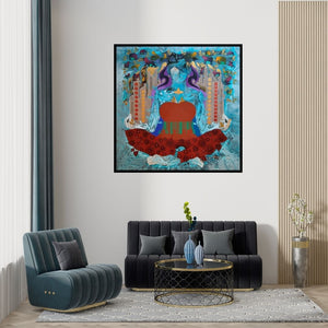 Preview of 'Creation 44 (Urban Nature)' Painting by Ranjit Singh Kurmi shown on a wall in a furnished room.