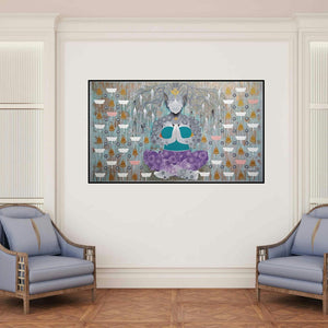 'Creation 45 (Inner Peace)' painting by Ranjit Singh Kurmi shown on a wall in a furnished room.