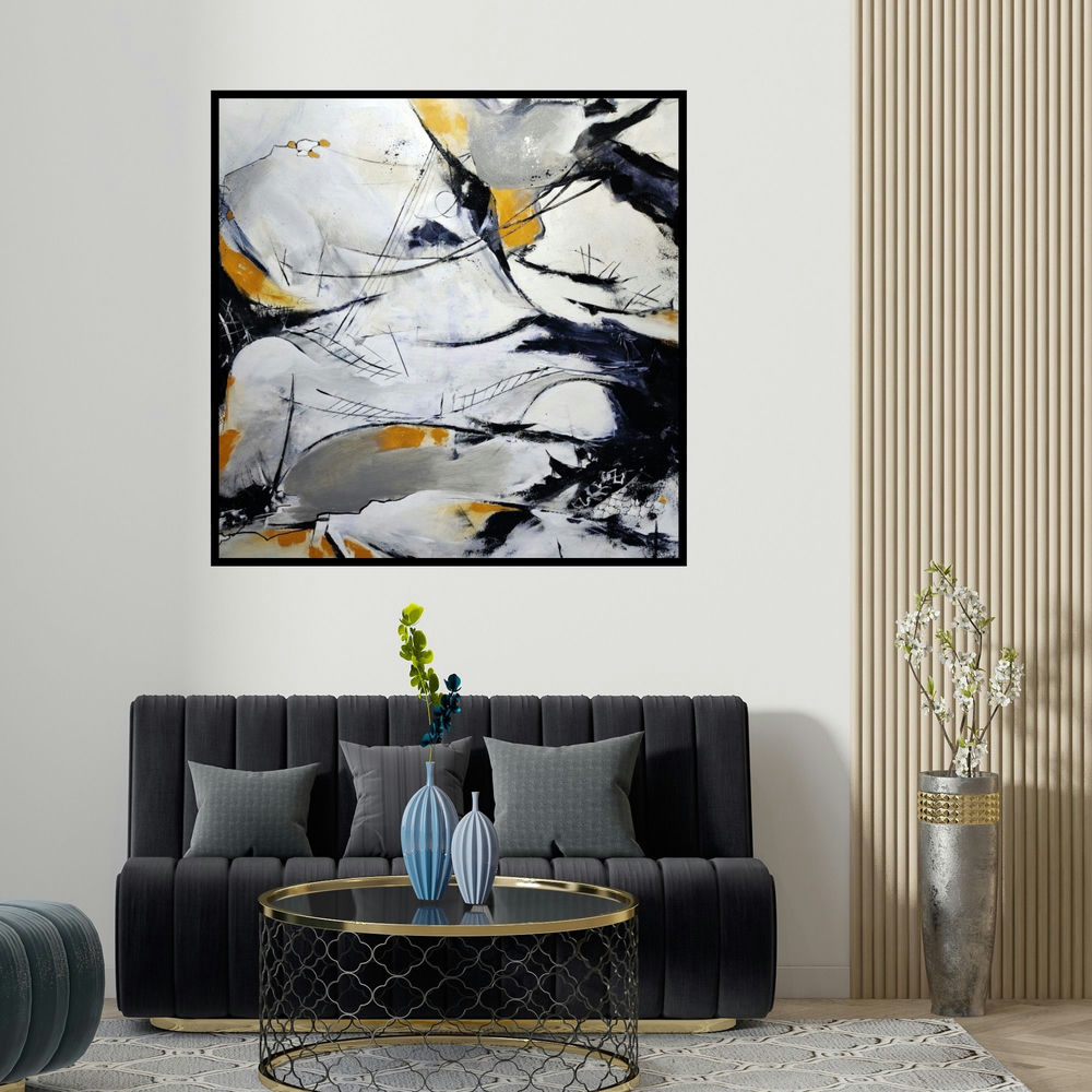 Sanjay Dhawale's 'Creative Landscape (Hidden Depths)' painting visualized above a sofa in a contemporary room.