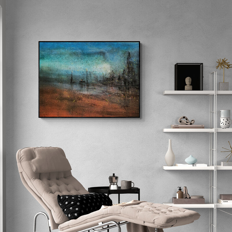 Preview of 'Creative Landscape' Painting by Dnyaneshwar Dhavale shown on a wall in a furnished room.