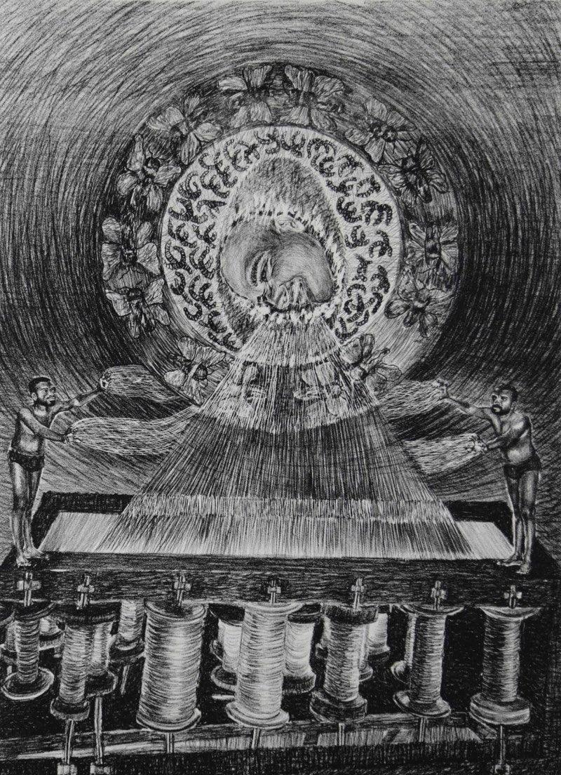 Figurative printmaking titled 'Creator 17', 14x10 inches, by artist Kumara Swamy Pashikanti on Paper