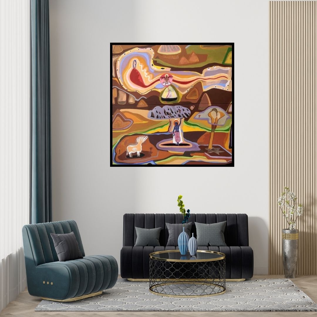 Preview of 'The Creator (Journey of the Soul)' Painting by Rohit Joshi shown on a wall in a furnished room.
