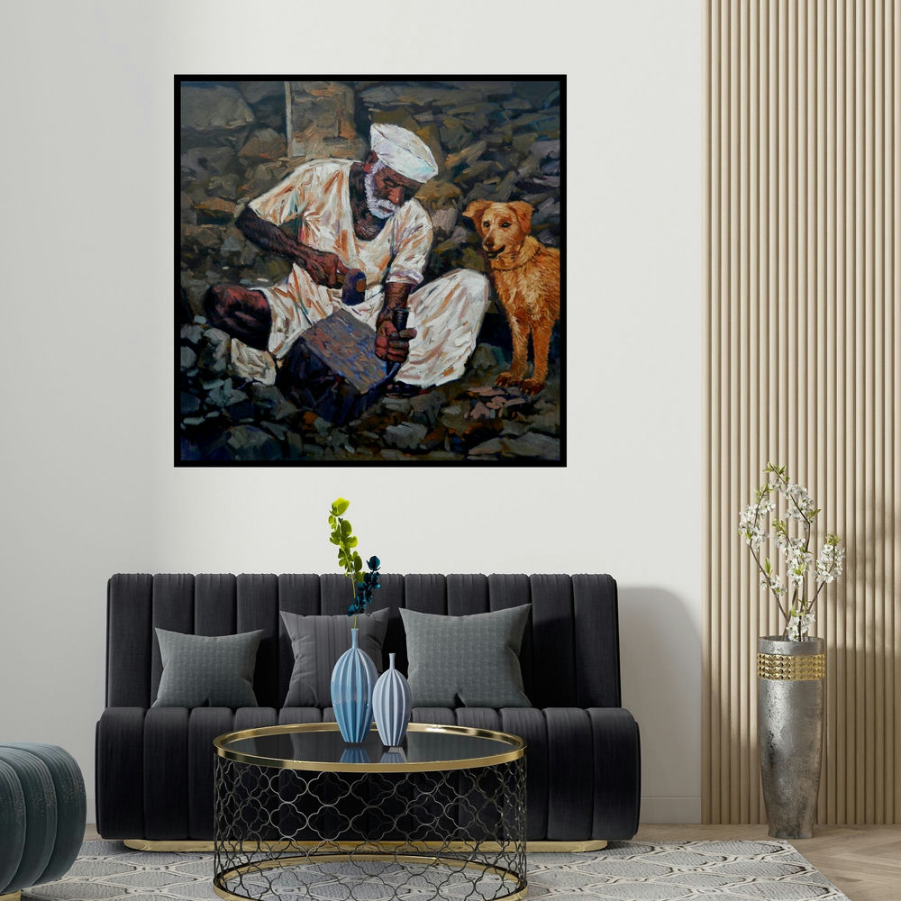Nanasaheb Yeole's 'Creator (Stone Cutter and Dog)' painting visualized above a sofa in a contemporary room.