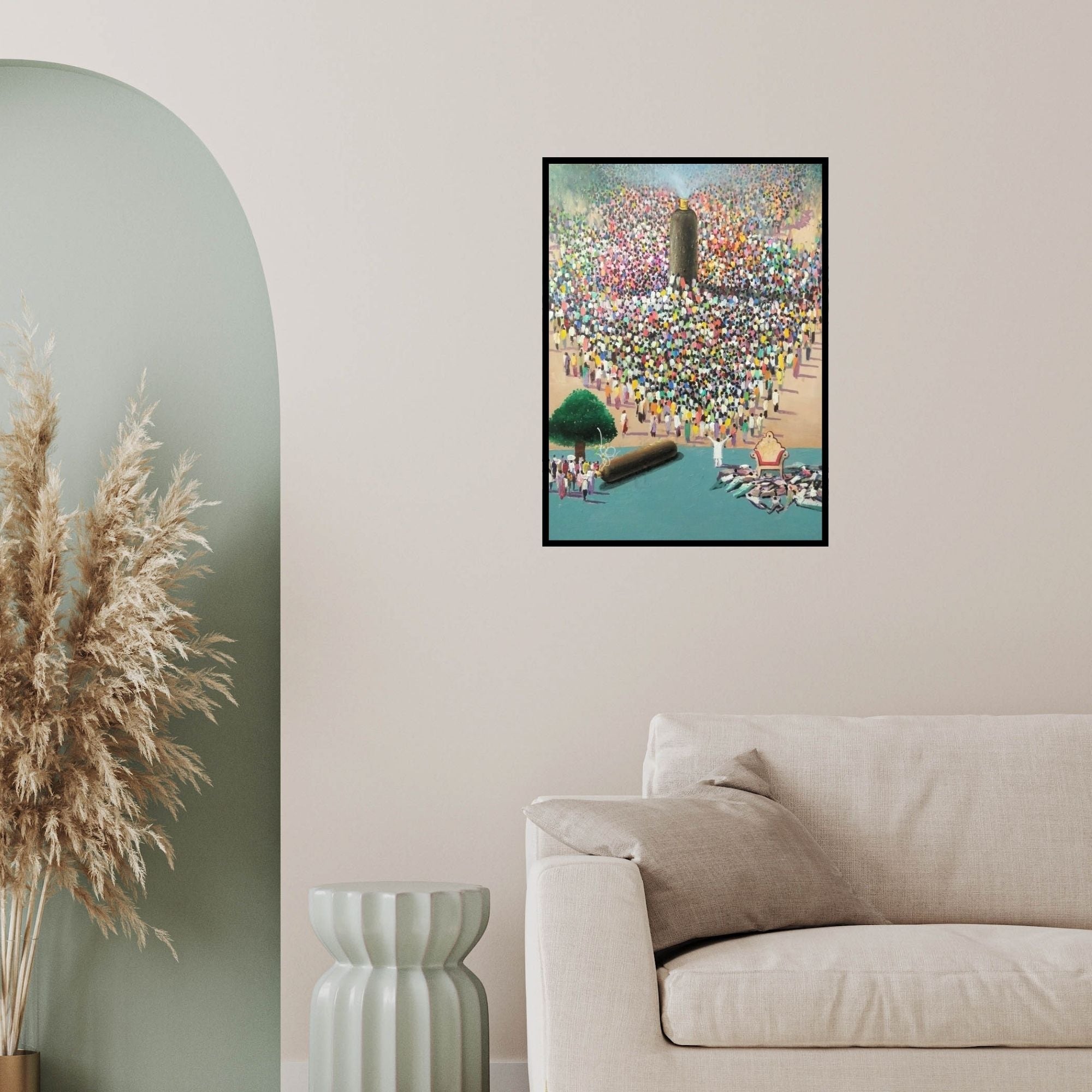 In-situ view of Amol Satre's 'Critical Situation In The World (A Sea of Humanity)' painting in a room