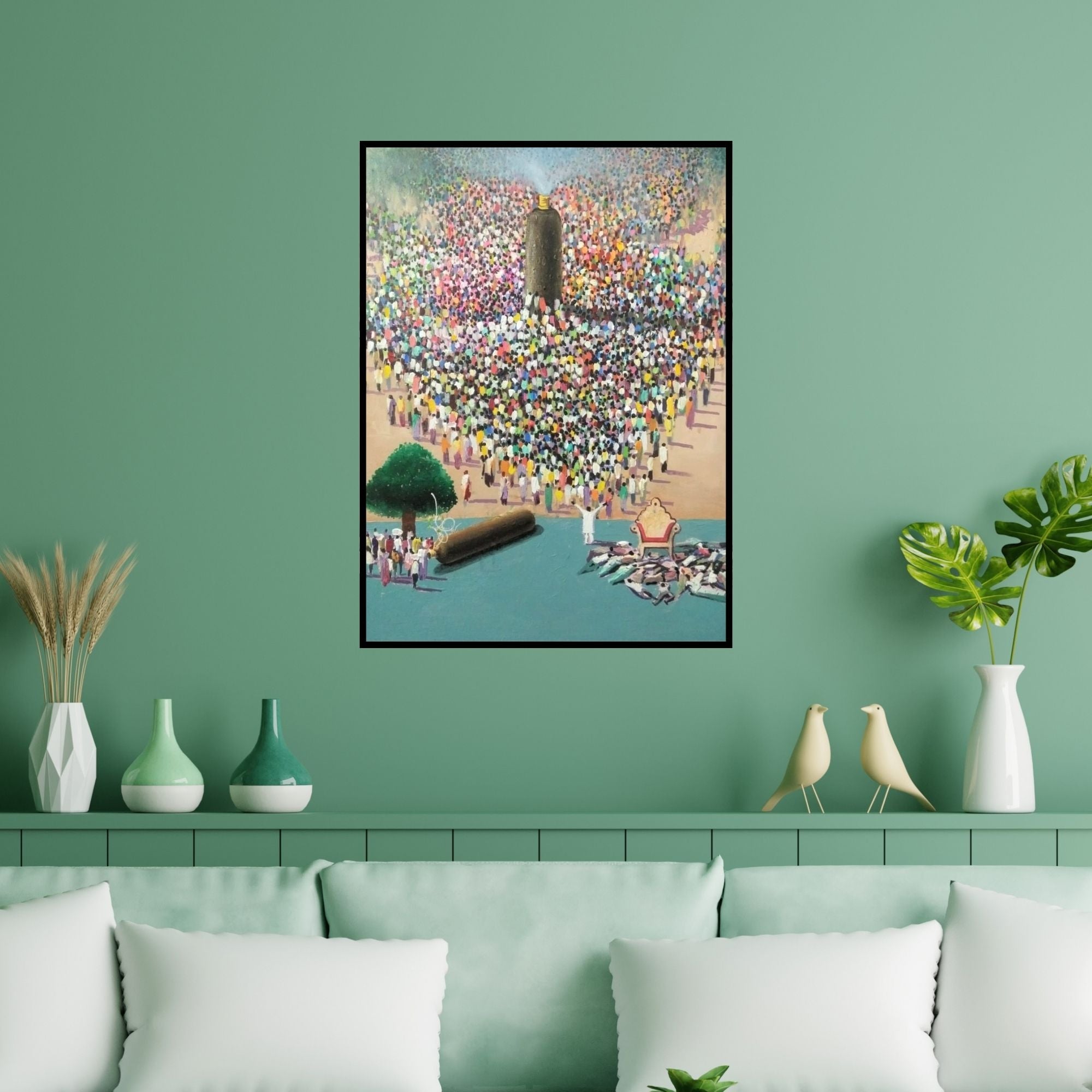 Preview of 'Critical Situation In The World (A Sea of Humanity)' Painting by Amol Satre shown on a wall in a furnished room.