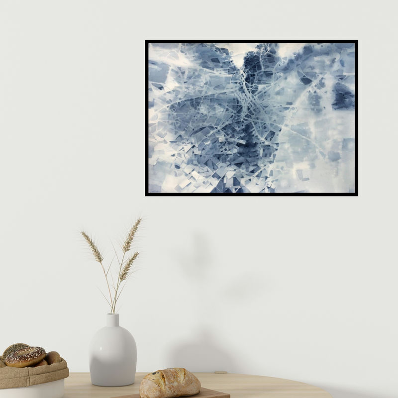 In-situ view of Sajal Sarkar's 'Cross Section (Urban Grid)' painting in a room