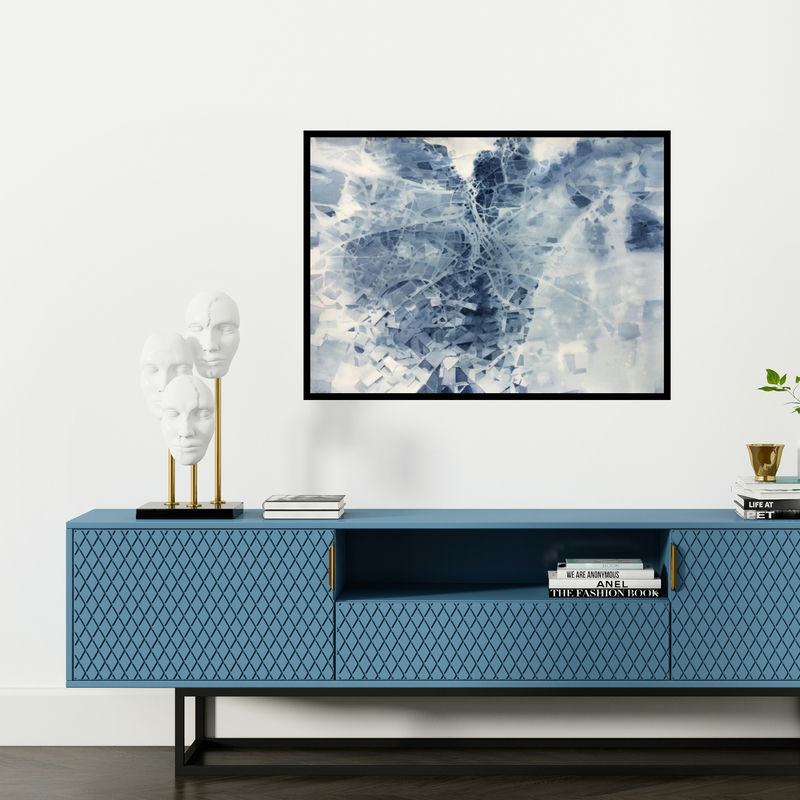 Preview of 'Cross Section (Urban Grid)' Painting by Sajal Sarkar shown on a wall in a furnished room.