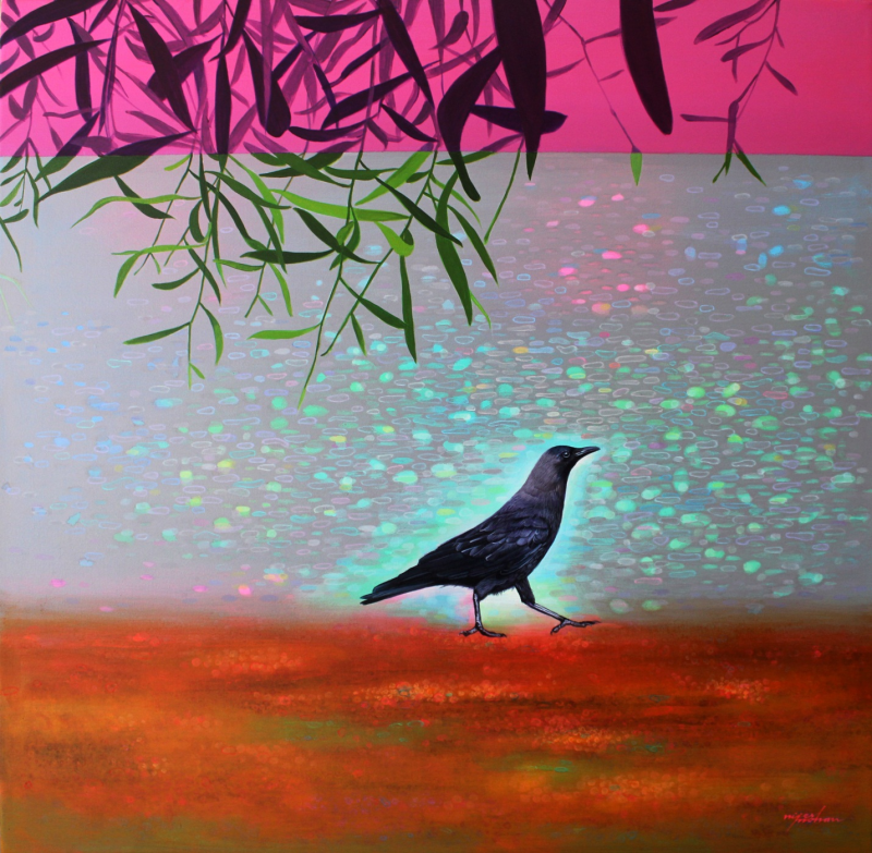 Crow' contemporary acrylic painting by artist Nijesh Mohan, 24x24 inch, on canvas