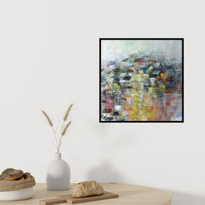 In-situ view of M Singh's 'Crowded Block' painting in a room