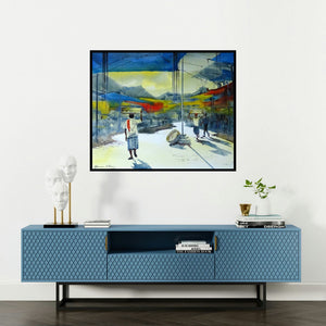 Bhuwan Silhare's 'Crowford Market 8' painting visualized above a sofa in a contemporary room.