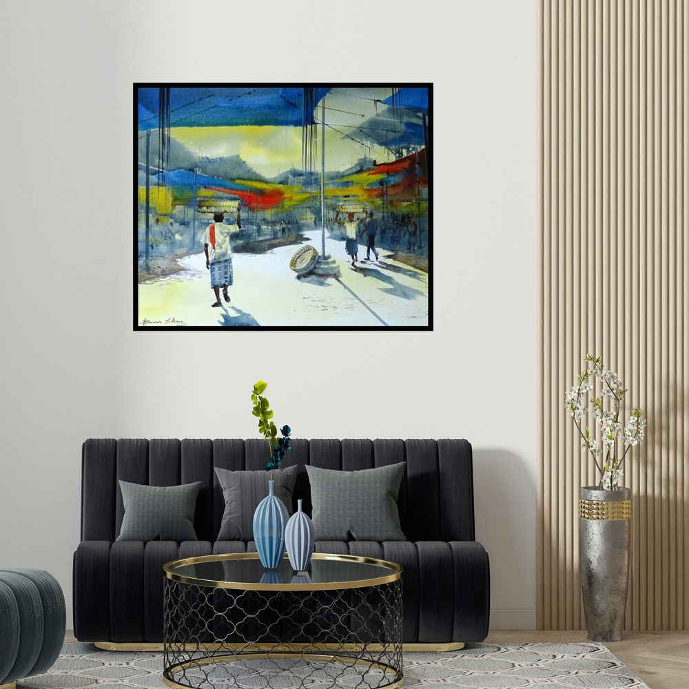 'Crowford Market 8' painting by Bhuwan Silhare shown on a wall in a furnished room.