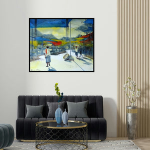 'Crowford Market 8' painting by Bhuwan Silhare shown on a wall in a furnished room.